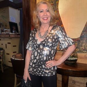 Trina Turk Metallic Silver Blouse with Circle Pattern- HUGE DISCOUNT